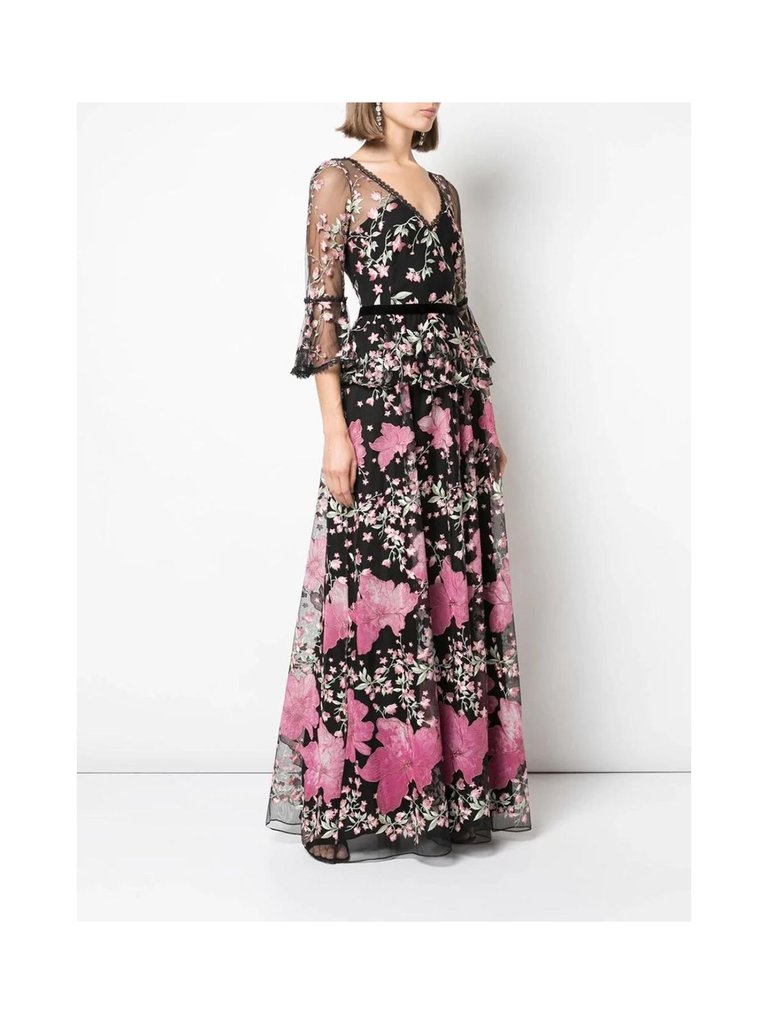 3/4 Floral Embroidered Gown