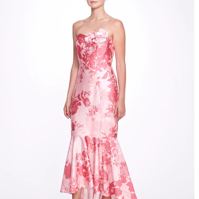 Shop Marchesa Notte Abstract-printed Tiered Tulle Gown In Pink