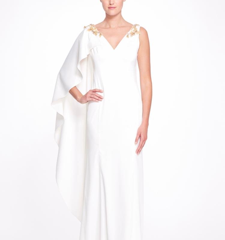 Marchesa Notte Asymmetrical Cape Sleeve V-neck Gown In White