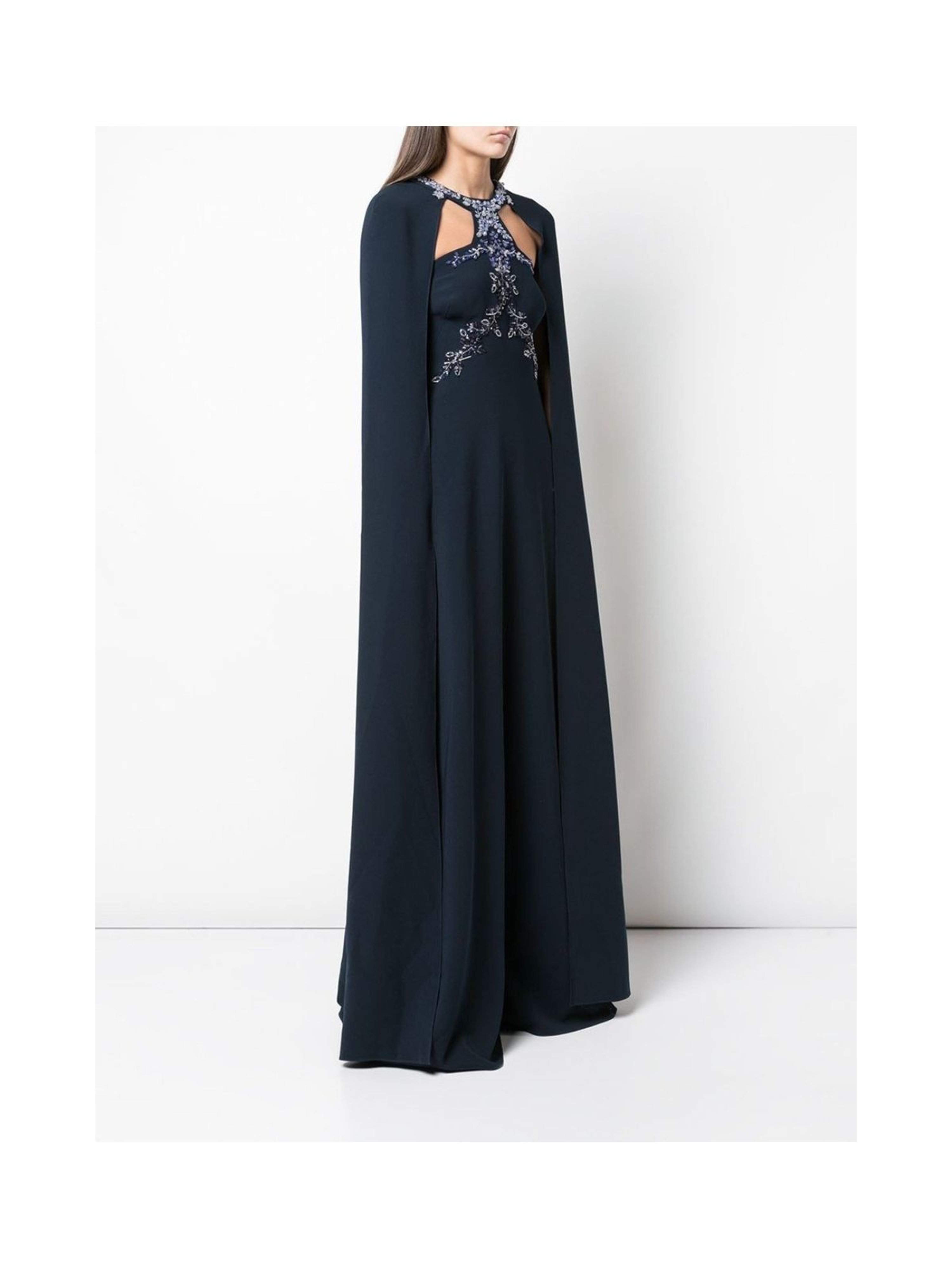 MARCHESA NOTTE MARCHESA NOTTE BEADED EMBROIDERED CREPE CAPE GOWN