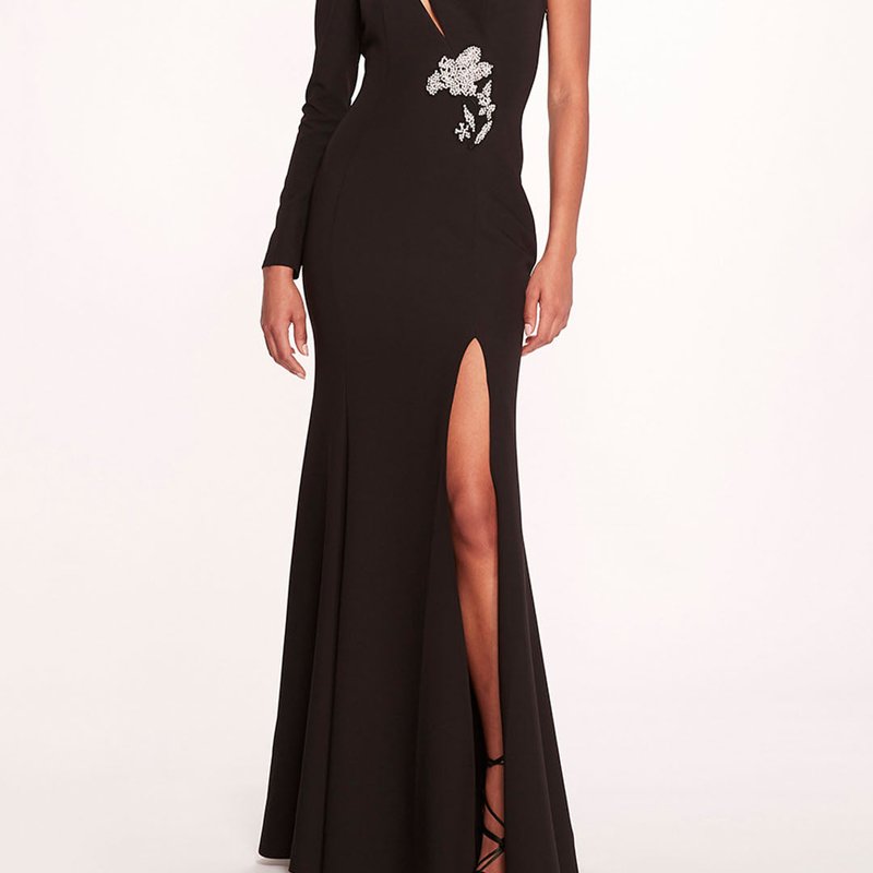 Marchesa Notte Beaded Floral Gown In Black