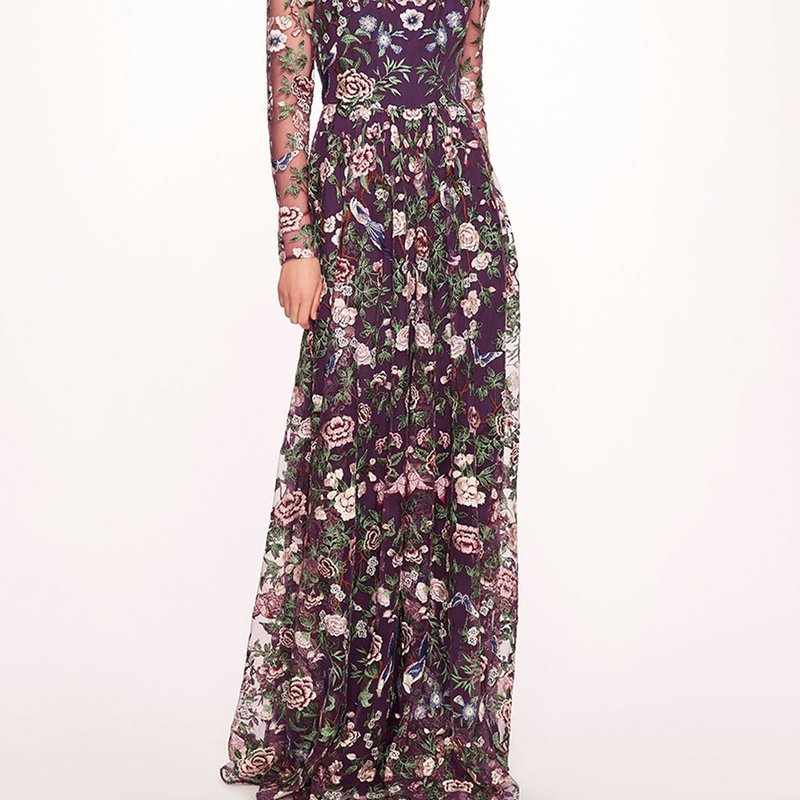Shop Marchesa Notte Botanical Embroidered Gown In Purple