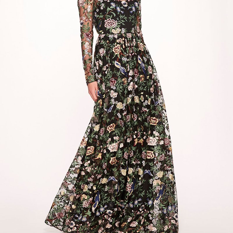 Marchesa Notte Botanical Embroidered Gown In Black