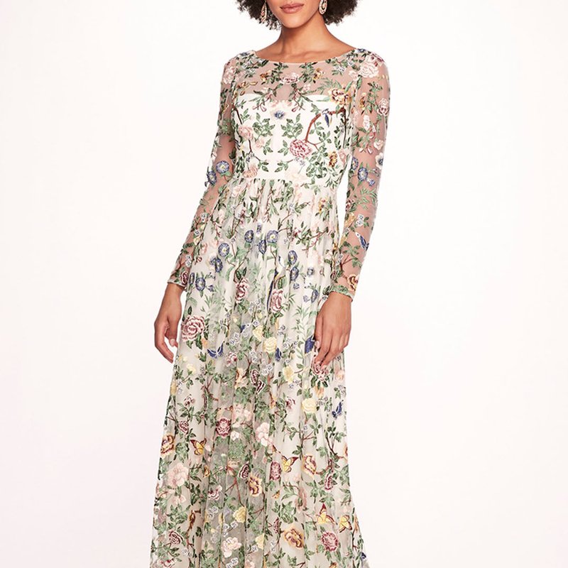 Marchesa Notte Botanical Embroidered Gown In White