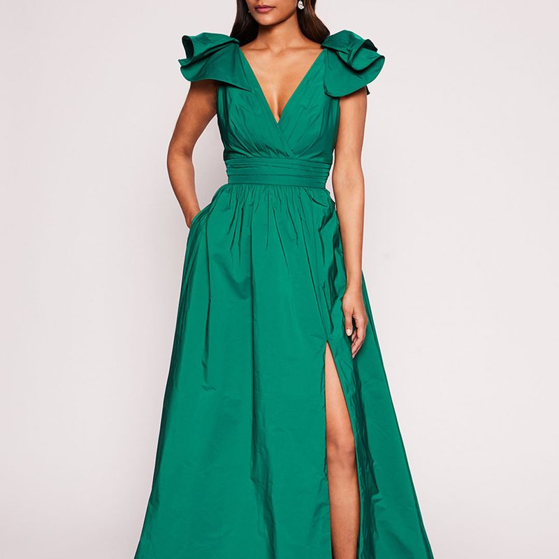 Marchesa Notte Bow Taffeta Gown In Green