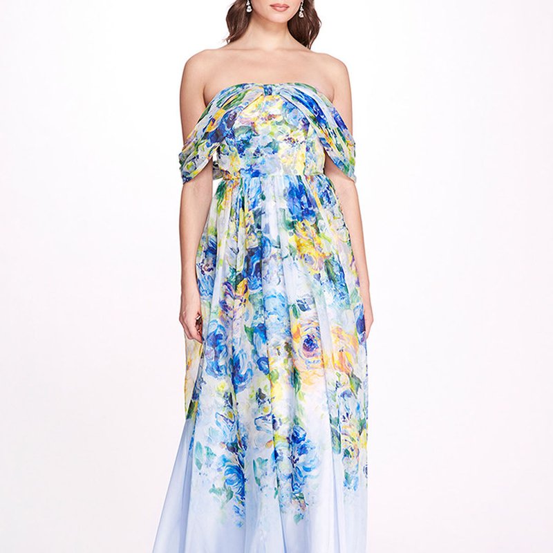 Marchesa Notte Center Knot Chiffon Gown In Blue
