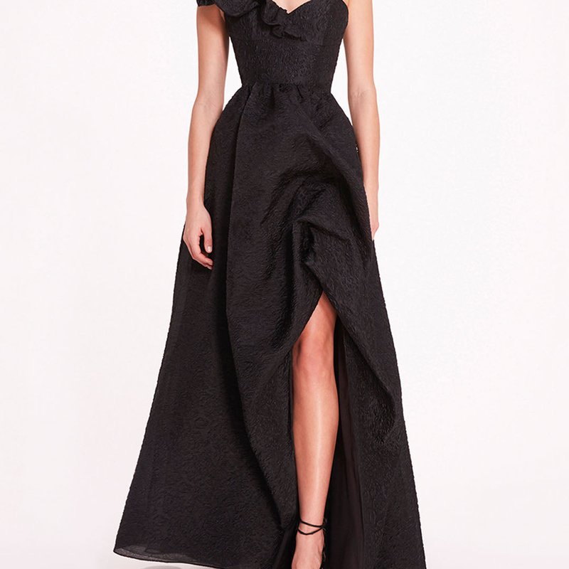 Shop Marchesa Notte Cloque Draped Gown In Black