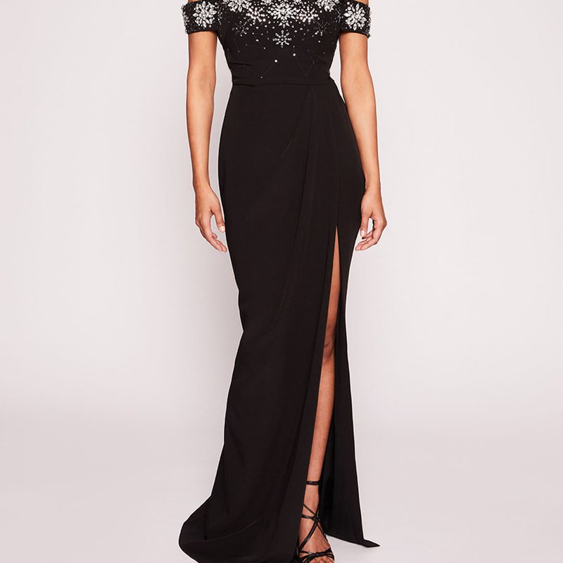 Marchesa Notte Draped Bodice Gown In Black
