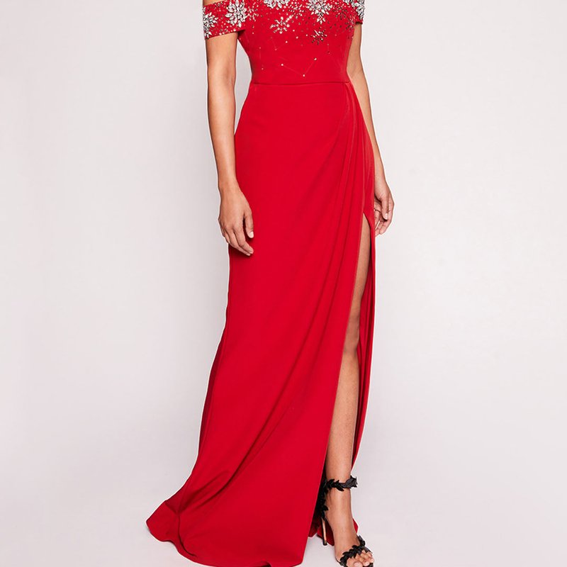 Marchesa Notte Draped Bodice Gown In Red