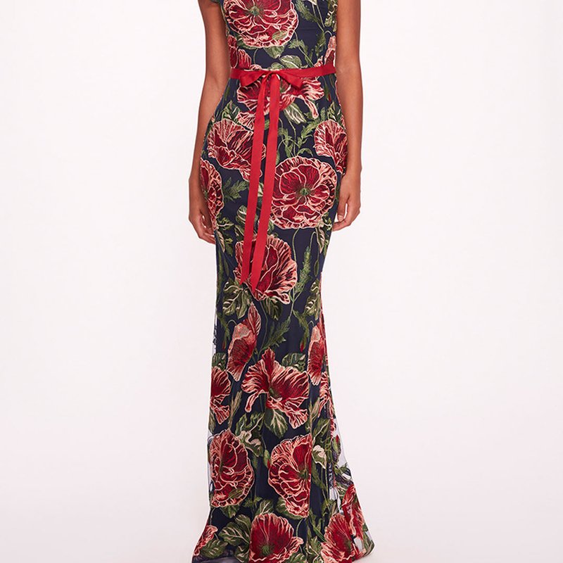 Shop Marchesa Notte Embroidered Boat Neck Gown In Red