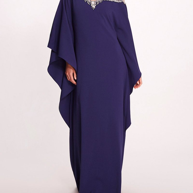 Marchesa Notte Embroidered Illusion Kaftan Dress In Blue