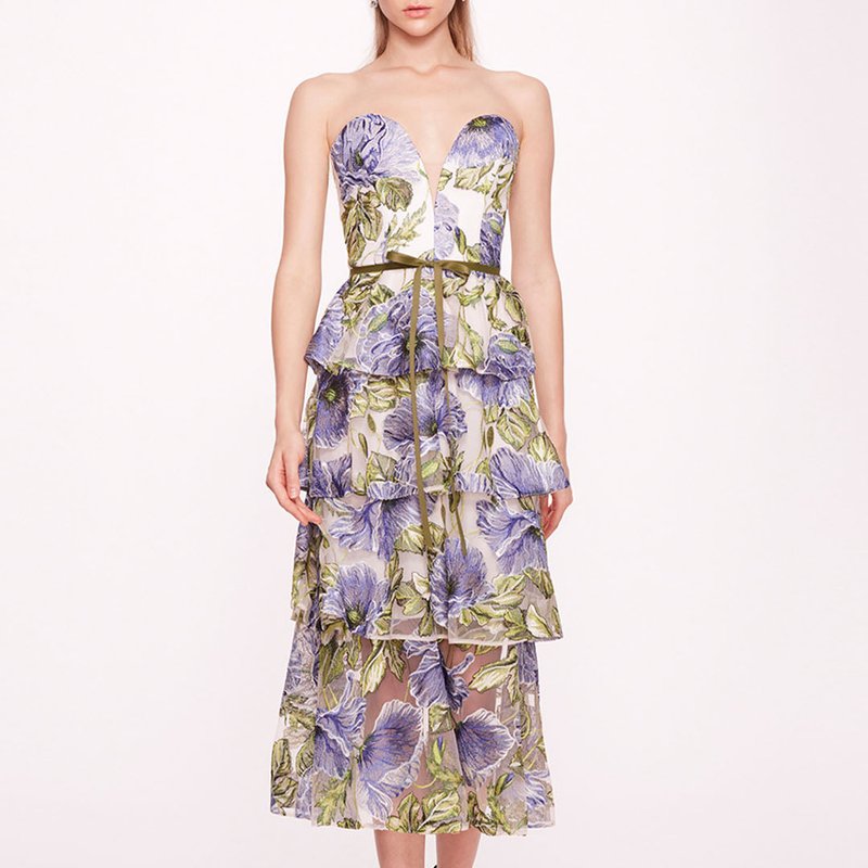 Shop Marchesa Notte Embroidered Plunging Midi Dress In Blue