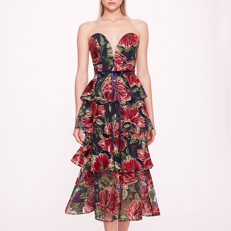 Shop Marchesa Notte Embroidered Plunging Midi Dress In Red