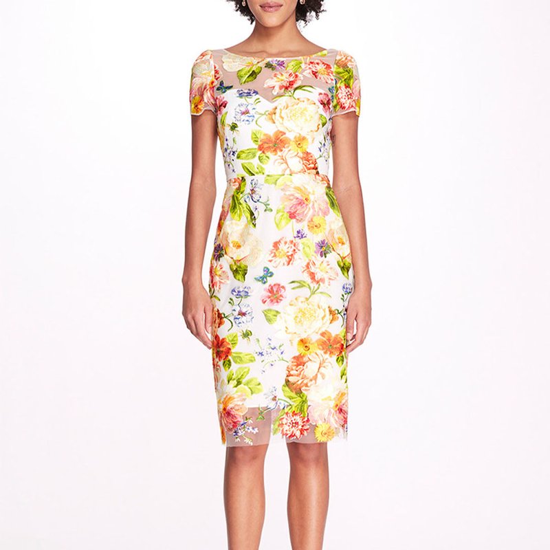 MARCHESA NOTTE FLORAL EMBROIDERY PENCIL DRESS- IVORY/YELLOW