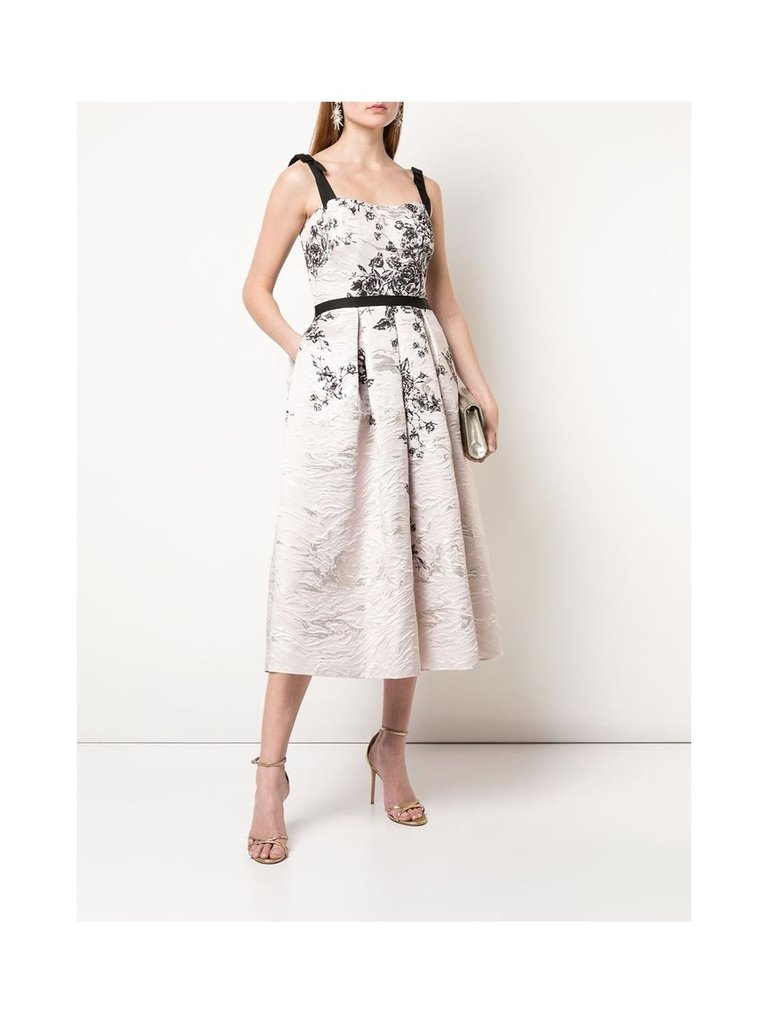 Floral Print Jacquard Tea-Length Dress - Blush