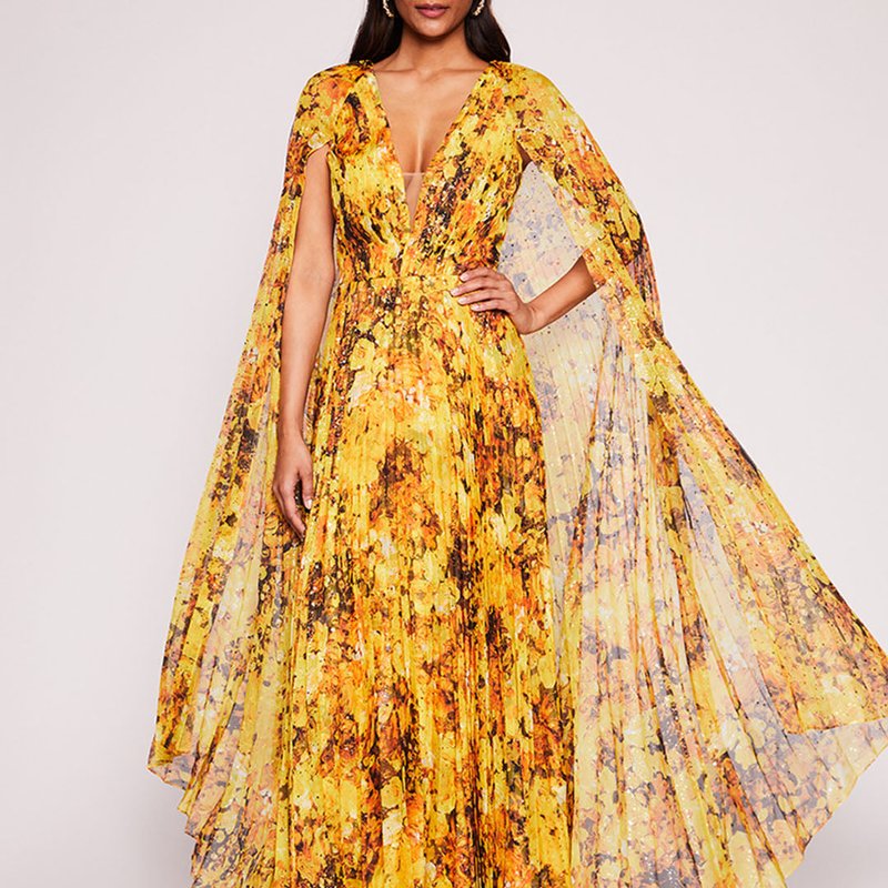 Shop Marchesa Notte Foiled Garden Gown In Yellow