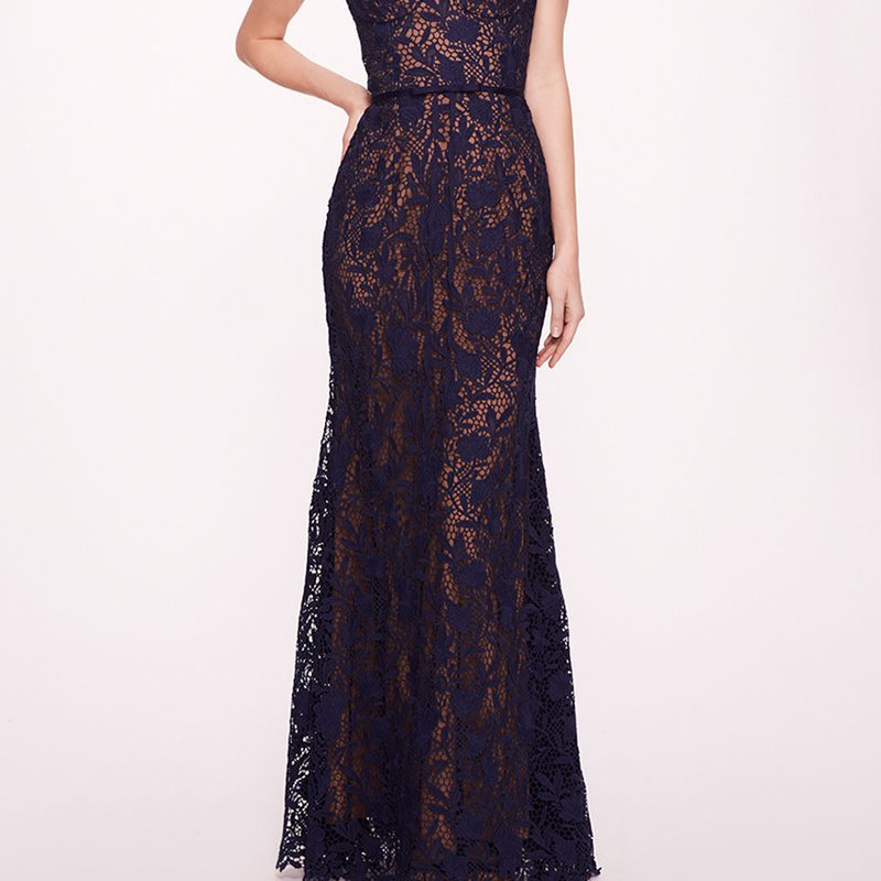 Shop Marchesa Notte Lace Mermaid Gown In Blue