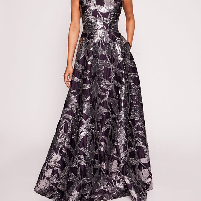 Marchesa Notte Lotus Sequin Gown In Gray