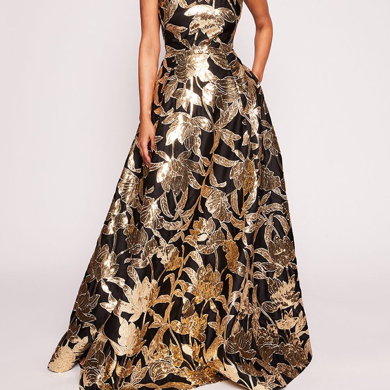 Marchesa Notte Lotus Sequin Gown In Black