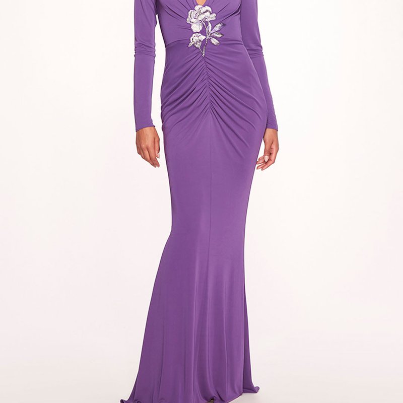 Marchesa Notte Floral-appliqué Ruched Gown In Purple