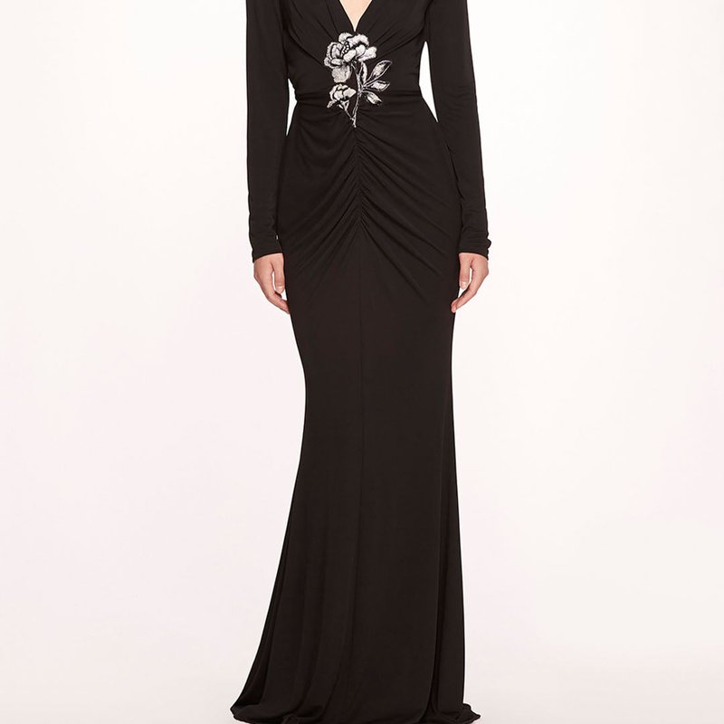 Marchesa Notte Floral-appliqué Ruched Gown In Black