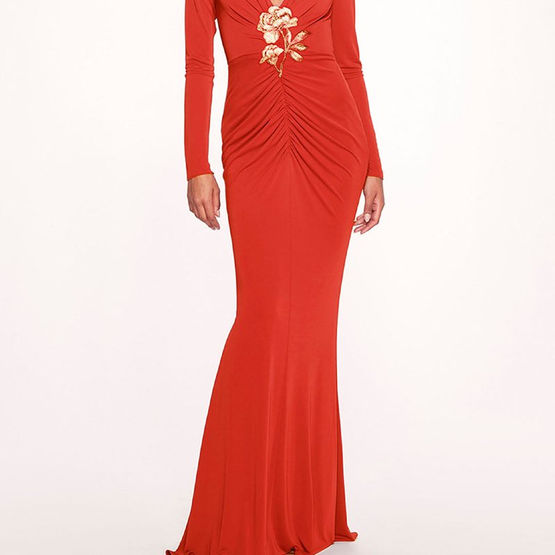 Marchesa Notte Matte Ruched Gown In Red