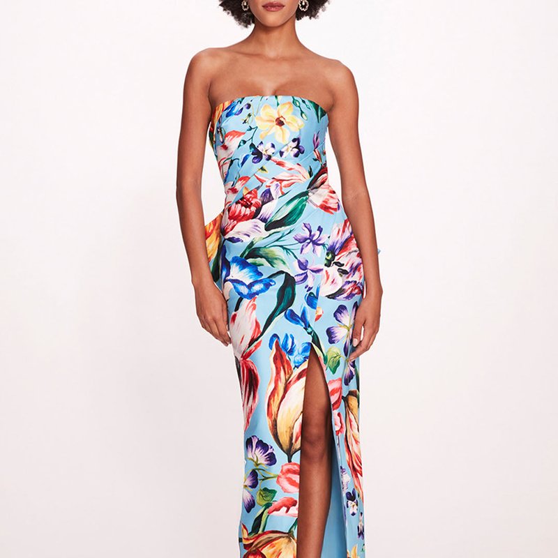 Marchesa Notte Strapless Pleated Floral-print Bow-back Gown In Blue
