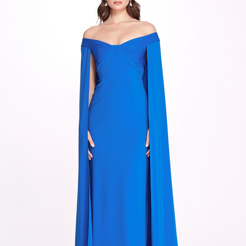 Marchesa Notte Off-shoulder Cape-detail Gown In Blue
