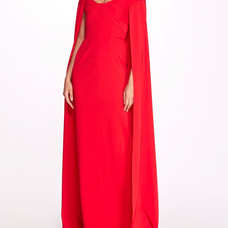 Marchesa Notte Off-shoulder Cape-detail Gown In Red