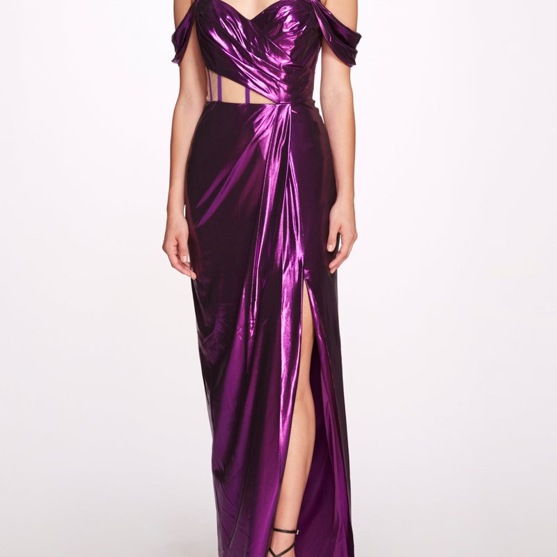 Shop Marchesa Off Shoulder Lamé Gown With Draped Bodice In Purple