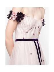 Off-the-Shoulder 3D Floral Flocked Dot Gown