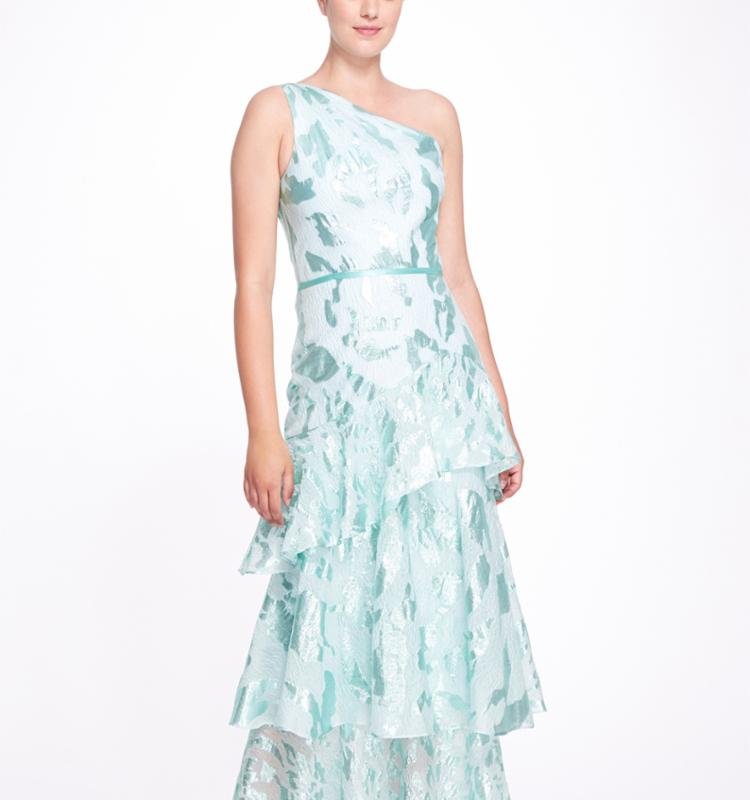 Shop Marchesa Notte One Shoulder Asymmetrical Tiered Gown In Blue