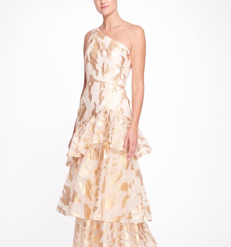 Shop Marchesa Notte One Shoulder Asymmetrical Tiered Gown In Brown