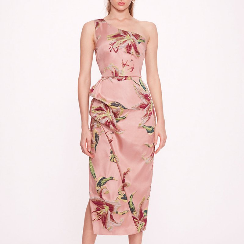 Shop Marchesa Notte One Shoulder Drape Midi Dress In Pink