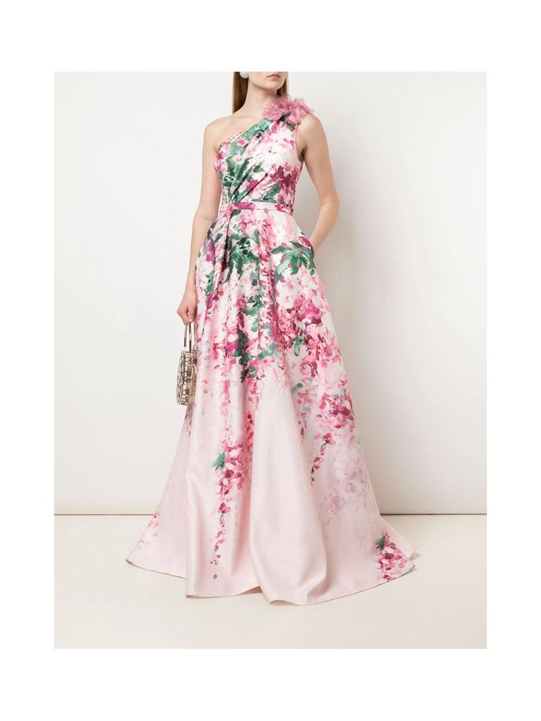 One-Shoulder Print Duchess Satin Ball Gown - Blush