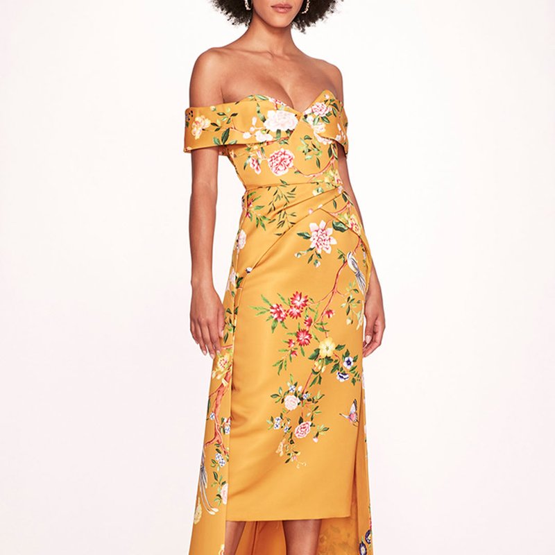 Marchesa Notte Paradise Floral-print Midi Dress In Gold