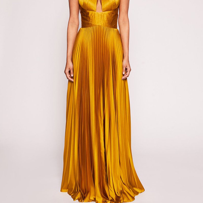 Marchesa Notte Pleated Foil Gown In Yellow