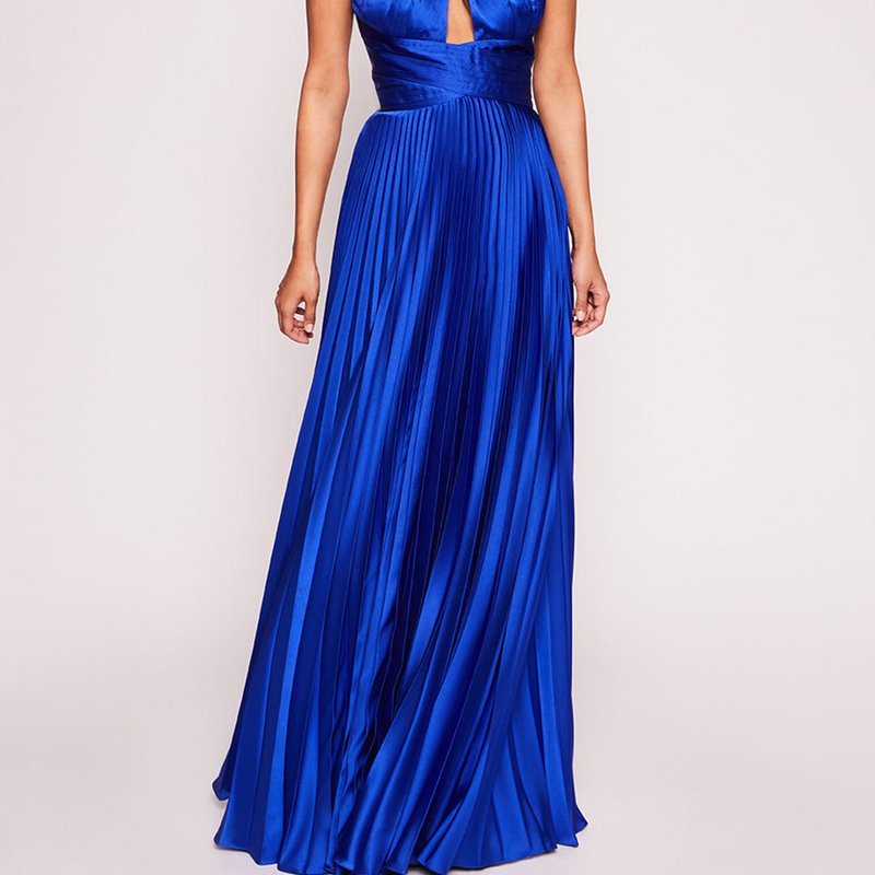 Marchesa Notte Pleated Foil Gown In Blue