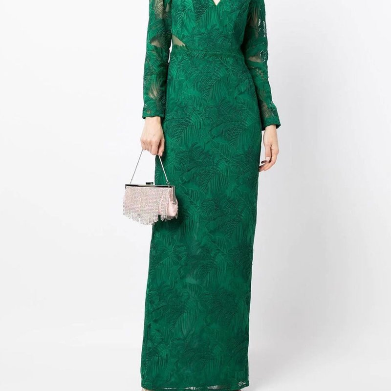 MARCHESA PLUNGING LONG SLEEVE GOWN