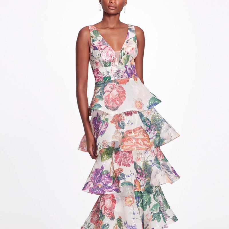 Shop Marchesa Notte Plunging V-neck Floral Printed Gown In White