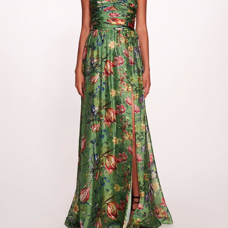 Marchesa Notte Ribbons Cape Gown In Green