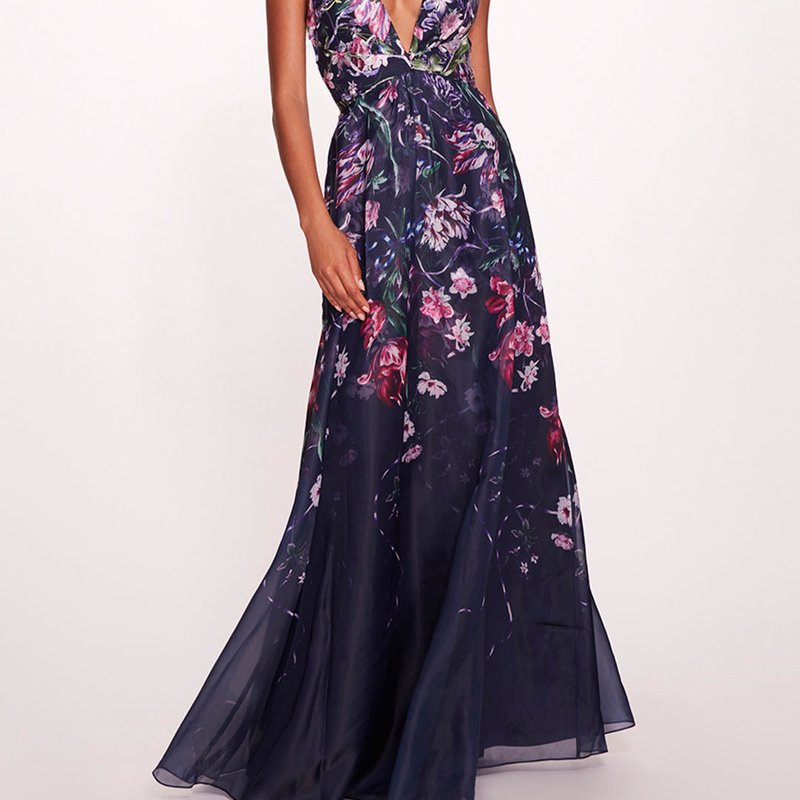 Marchesa Notte Ribbons Gown In Blue