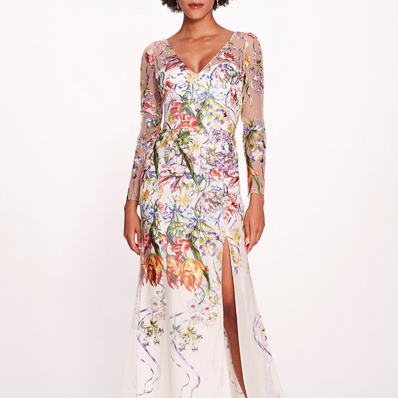 Marchesa Notte Ribbons Long Sleeve Gown In White
