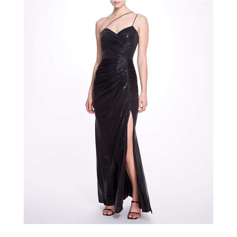 Marchesa Notte Ruched Lamé Gown In Black