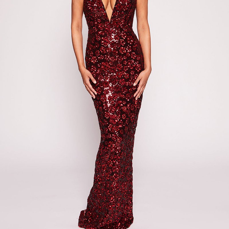 Marchesa Notte Sequin Bouquets Gown In Red