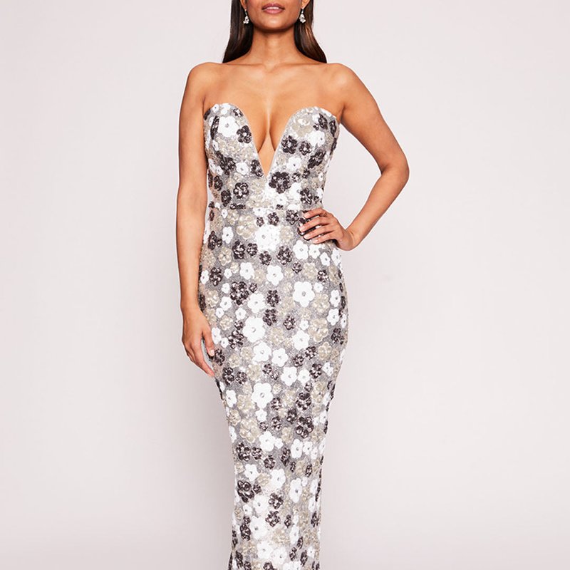 Marchesa Notte Sequin Bouquets Gown In Grey