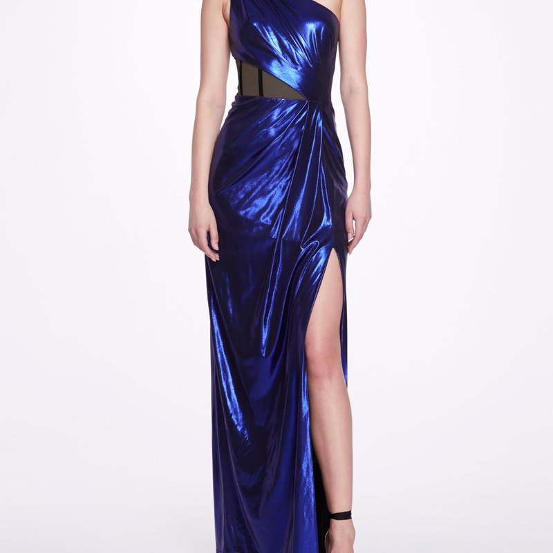Shop Marchesa Notte Side Cut-out Foiled Gown In Blue