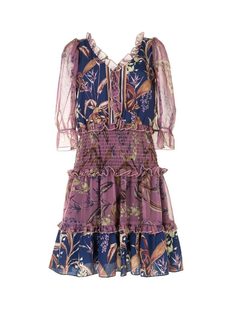 Smocked Floral Mini Cocktail Dress - Orchid/Navy