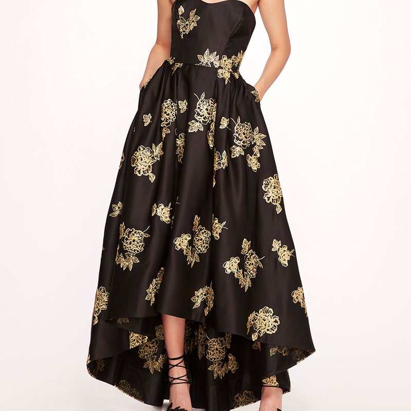 Marchesa Notte Strapless Marigold Gown In Black