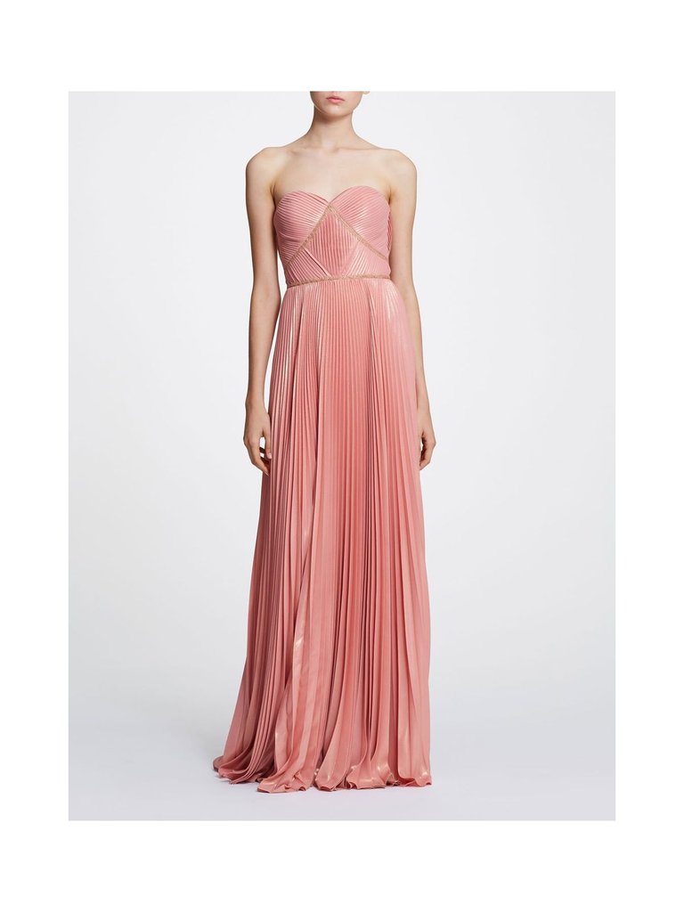 Strapless Pleated Lamé Gown - Coral